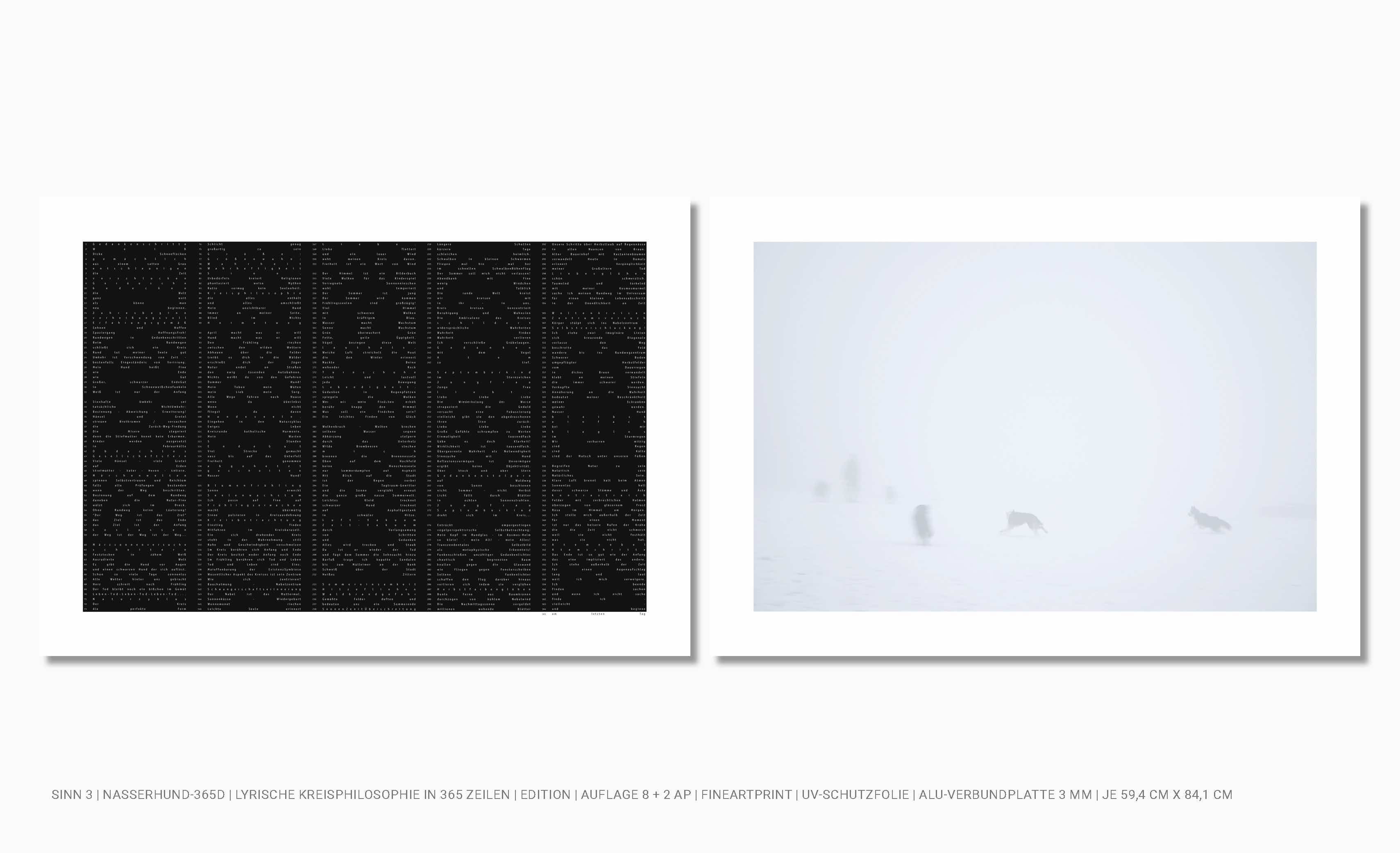 Fineartprint auf Alu-Verbundplatten Lyrik-Exponat und Fotografie von Hunden im Schnee